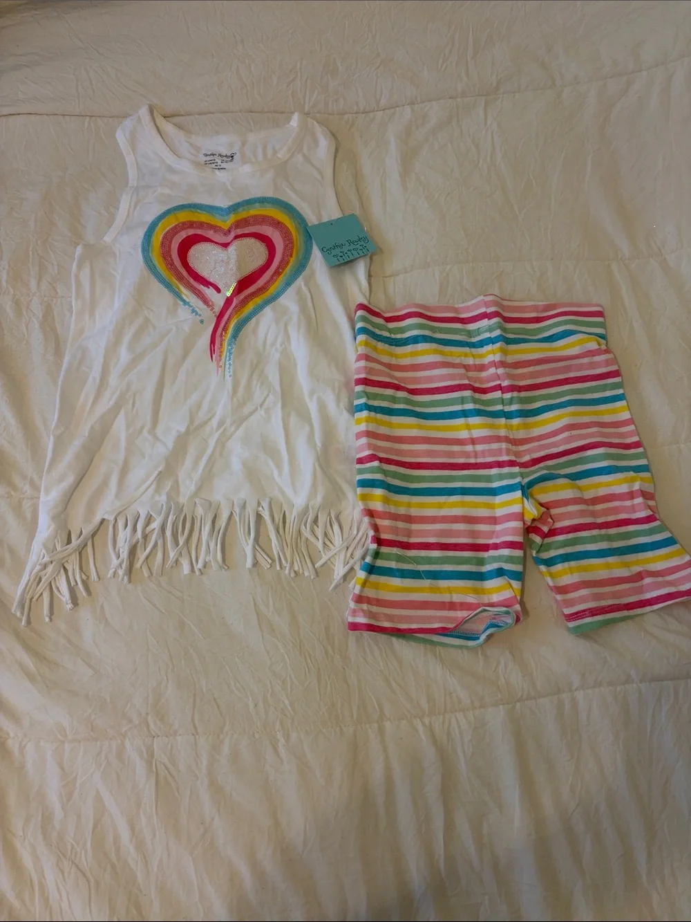 Girls White Fringe Tank Top & Rainbow Stripe Shorts Set